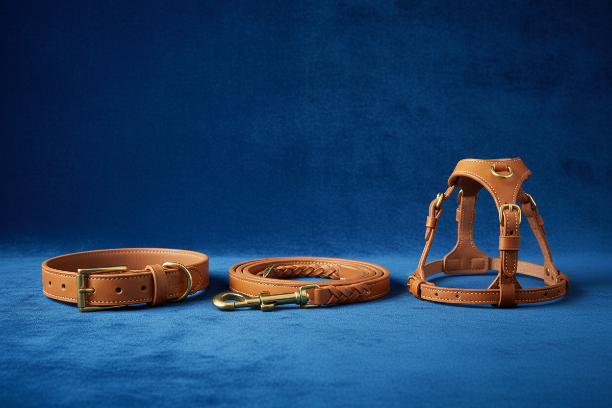 Dog collar, Dog lead, and a Dog harness next to each other on a royal blue background.