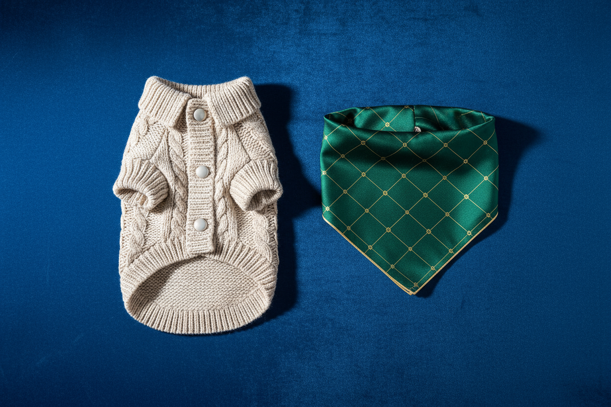 High quality dog jumper next to a dog bandana on a royal blue background.