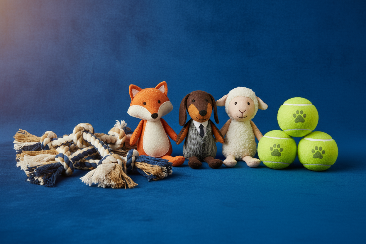 A collection of dog ropes, squeaky and interactive dolls for dogs, and tennis balls for dogs.