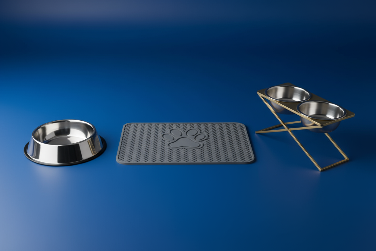 dog bowl next to a non-slip mat next to a raised dog bowl on a royal blue background.