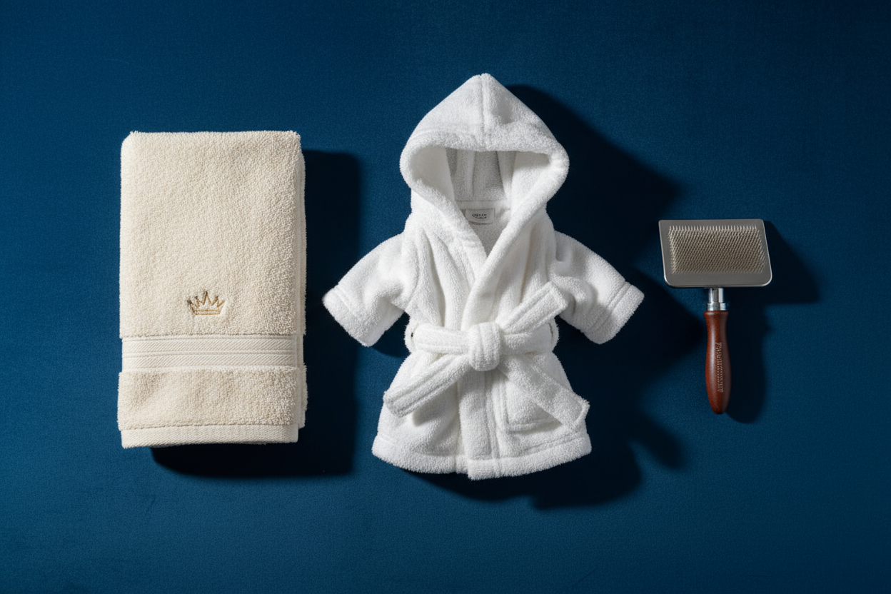 A studio shoot of a dog towel, a dog bathrobe, and a slicker brush for the pamper category on a royal blue background.