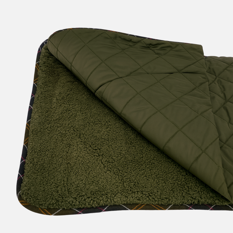 Green quilted blanket with plaid border on a white background