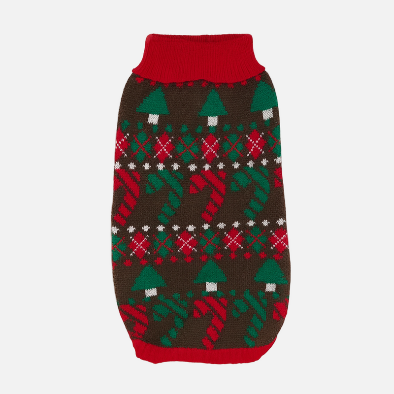 Christmas-themed dog sweater with reindeer and candy cane pattern on a white background