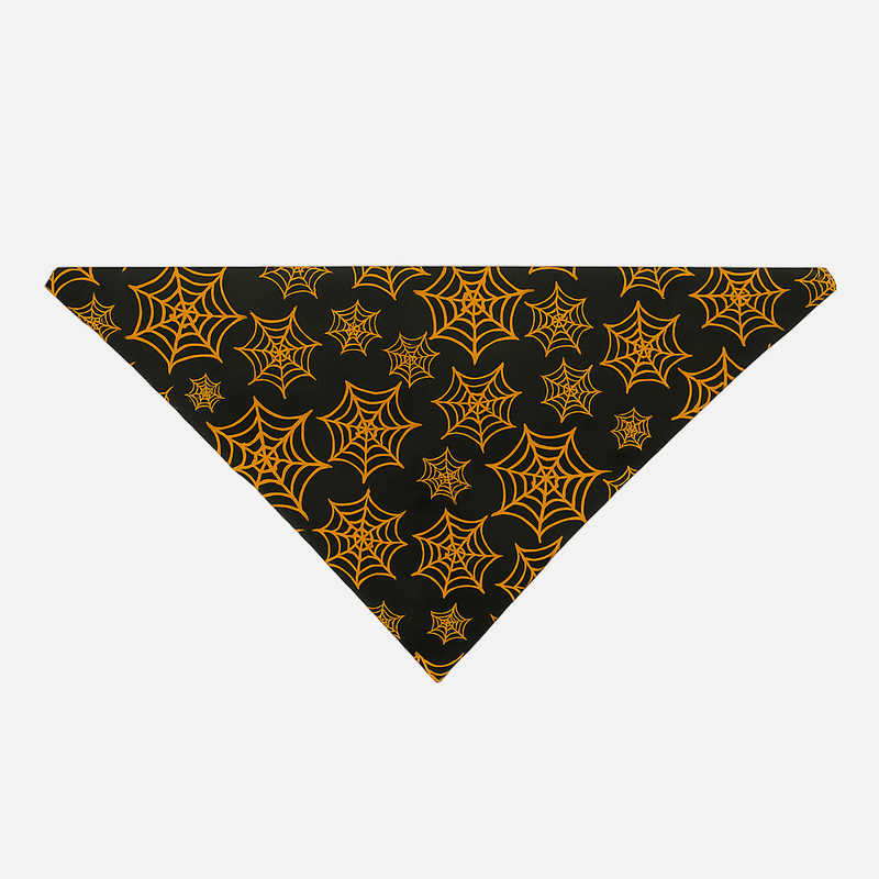 Black bandana with orange spider web pattern on a white background