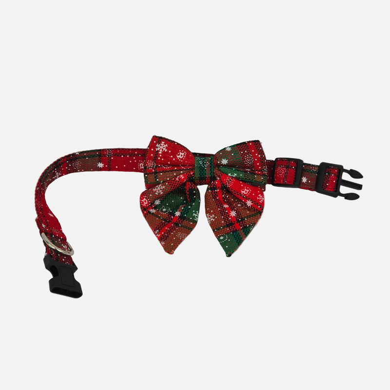Red and green plaid dog collar with a bow tie on a white background