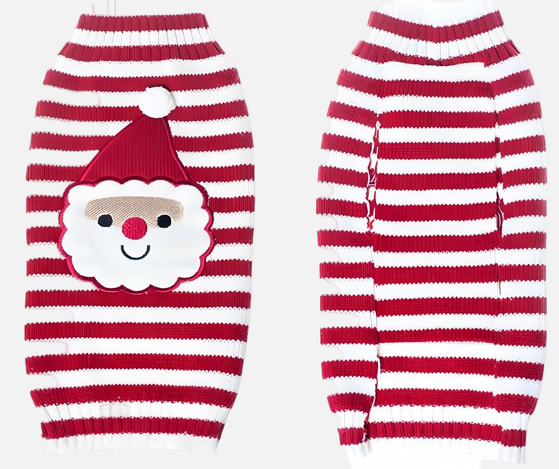Red and white striped dog sweater with Santa face design on a white background