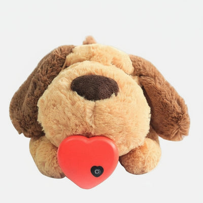 Plush dog toy with a red heart and black button on a white background