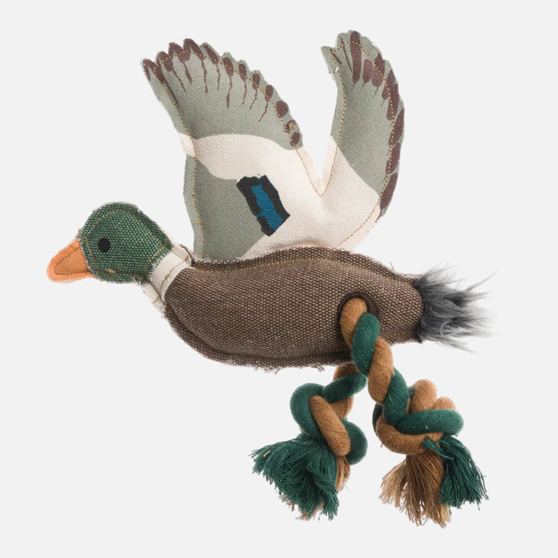 A toy duck with a green head, white body, and gray wings, made of fabric with rope legs.