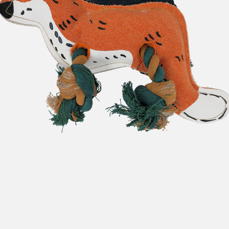 Dog toy resembling a dachshund with knotted rope on a white background