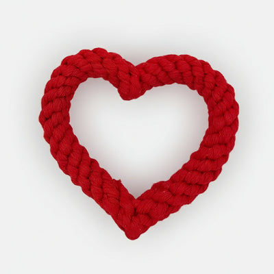 Heart-shaped cotton rope dog chew toy in red, designed for durability and gentle dental cleaning.