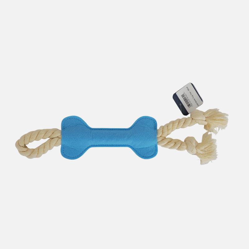 Blue bone-shaped dog toy with beige rope on a white background