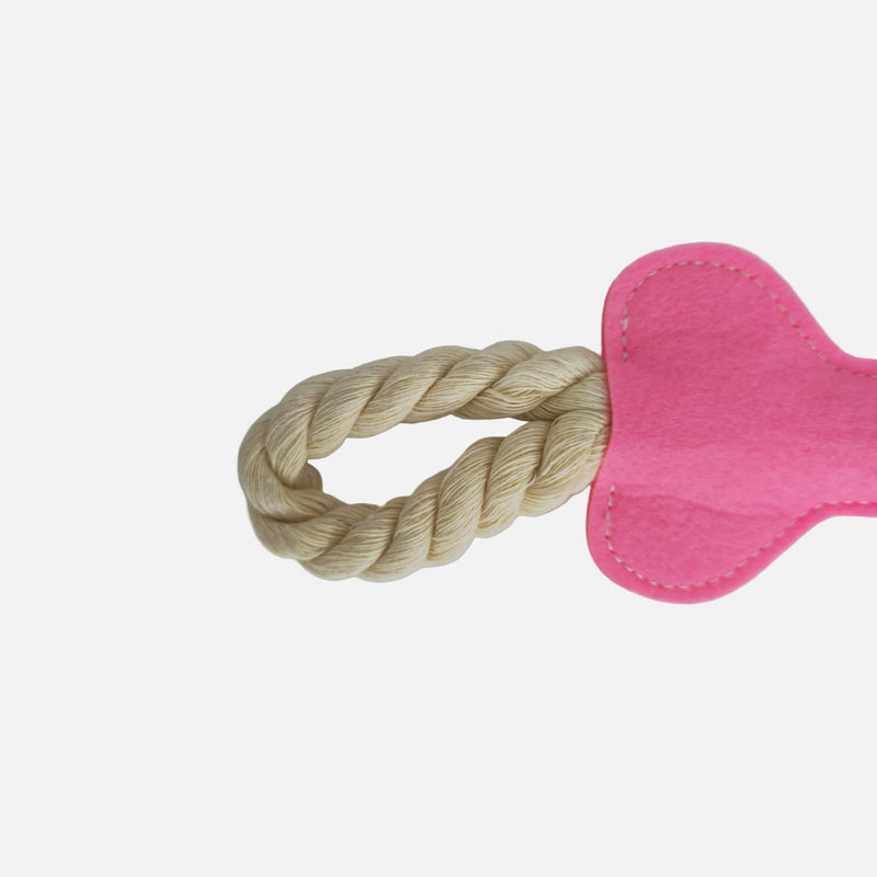 Dog toy with a rope ring and pink bone-shaped chew toy on a white background