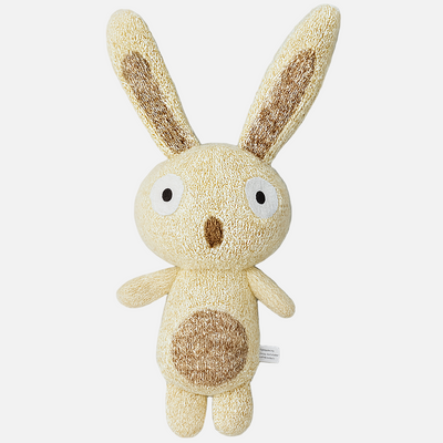 Plush dog toy rabbit with brown patches on a white background