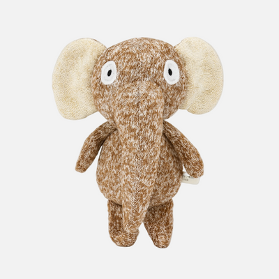 Plush dog toy elephant with brown and beige color scheme on a white background