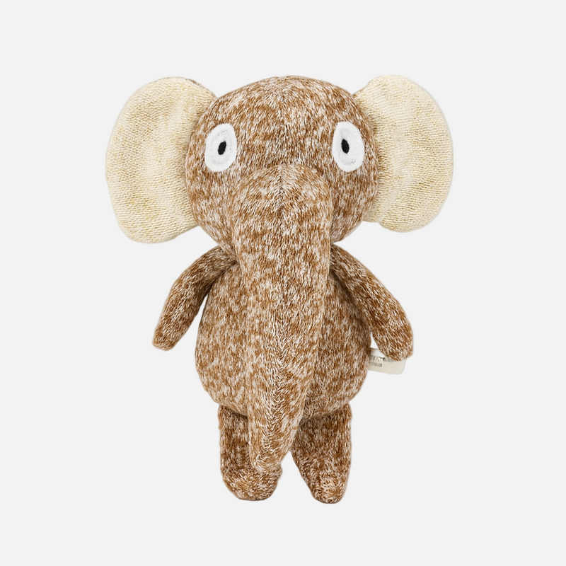 Plush dog toy elephant with brown and beige color scheme on a white background