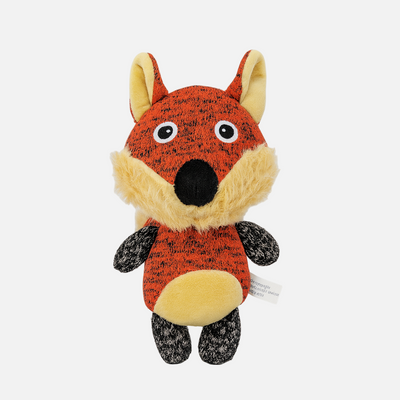 Plush dog toy fox with a red face and black feet on a white background