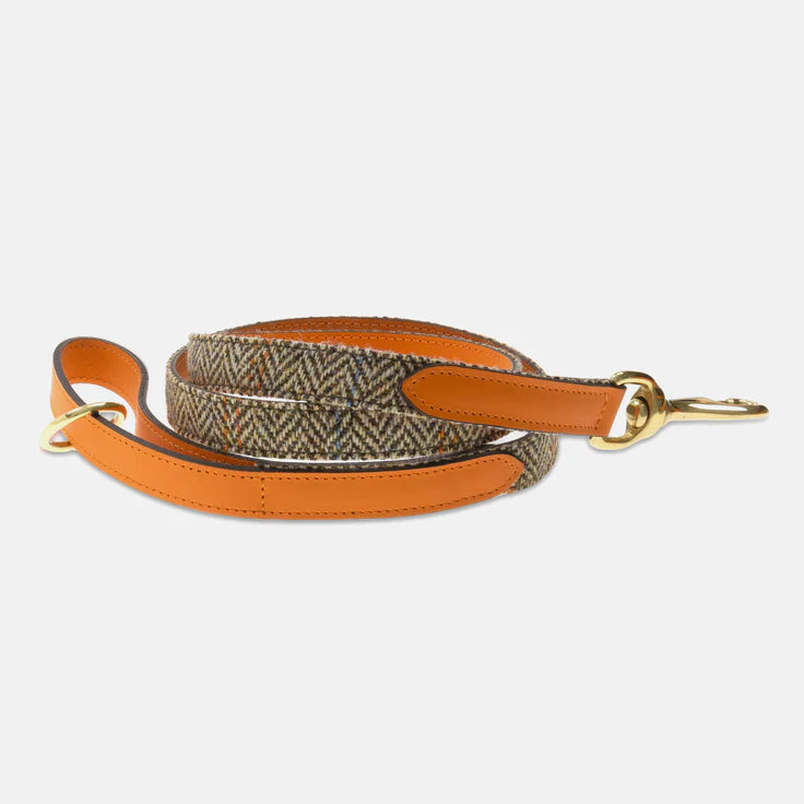 Tweed & Orange Leather Dog Lead - Mutts & Hounds