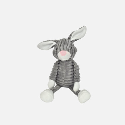 Gray plush Bunny dog toy on a white background