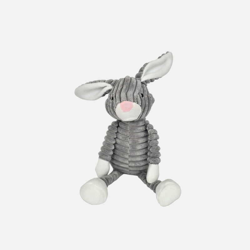 Gray plush Bunny dog toy on a white background