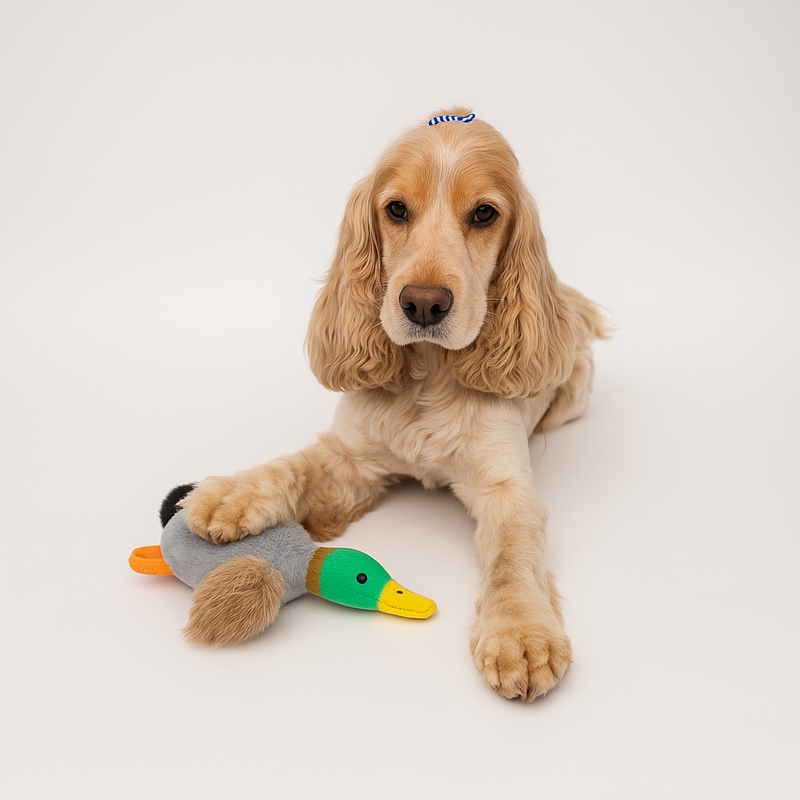 Dog playing with a duck-shaped toy on a white background