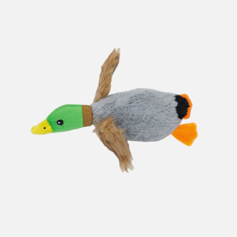 Plush duck dog toy with a green head and brown body on a white background