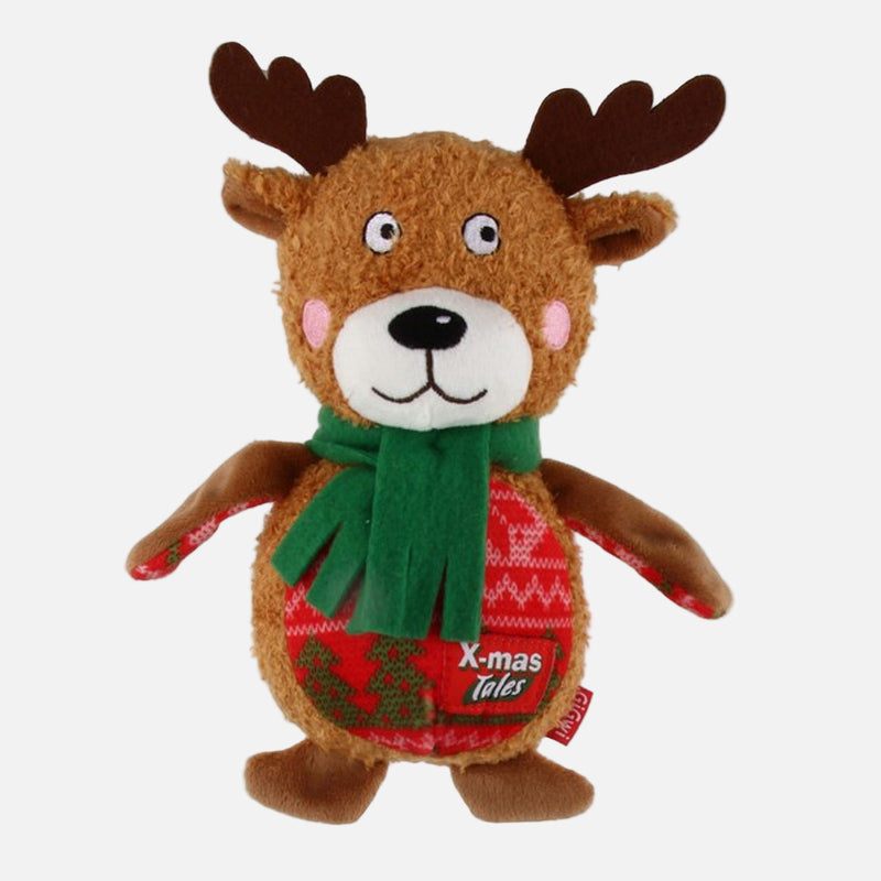 A plush dog toy resembling a reindeer with brown fur, a green scarf, and a Christmas-themed pattern on its red and green shirt.