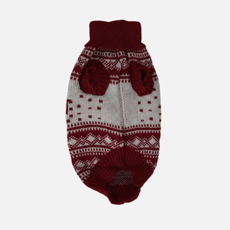 Red and white patterned dog sweater on a light gray background