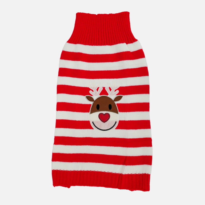 Red and white striped dog sweater with a reindeer design on a light gray background