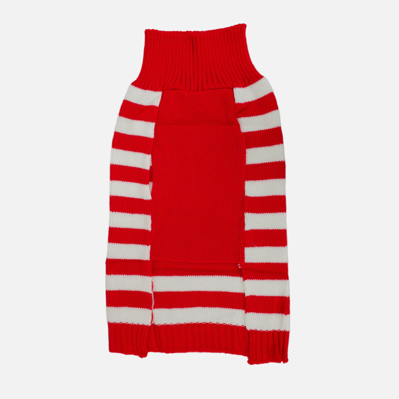 Red and white striped dog sweater on a light gray background