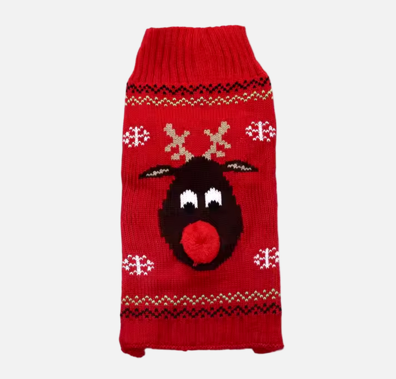 Red knitted dog sweater with reindeer design on a white background