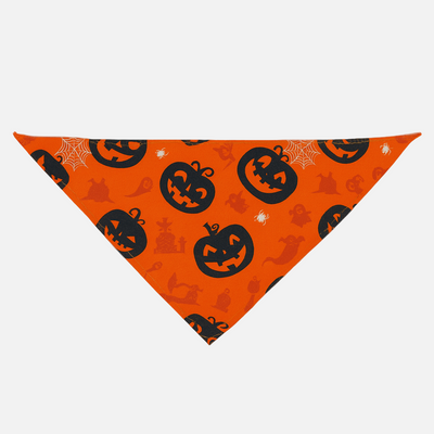 Orange bandana with black Halloween patterns on a light gray background