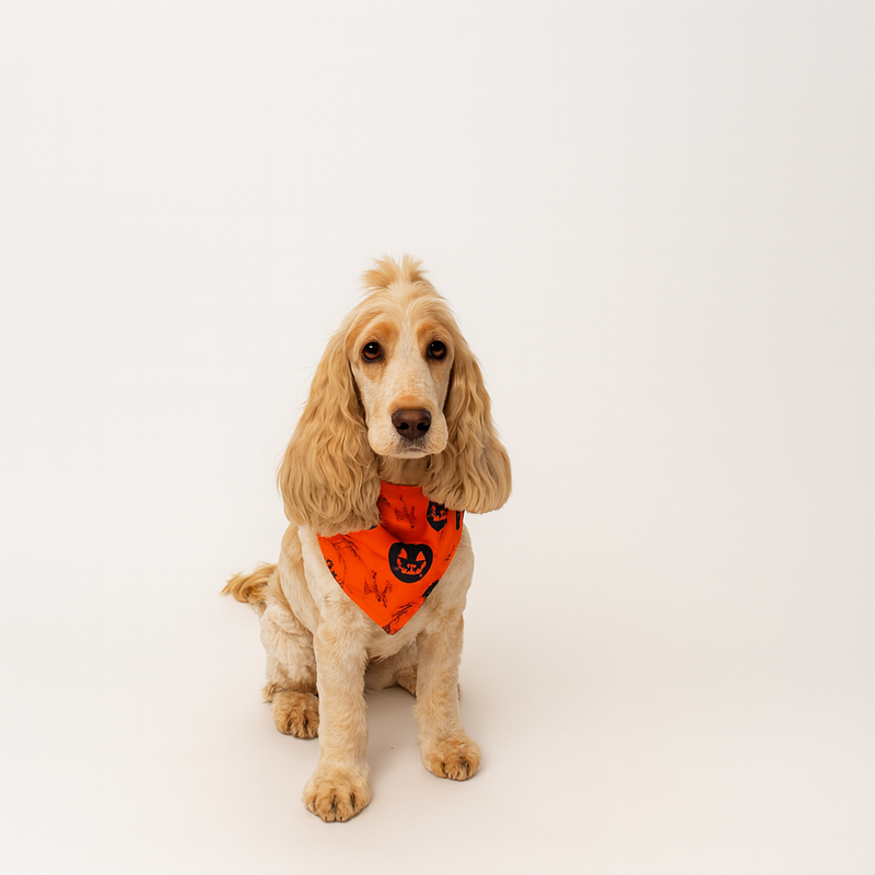 Dog wearing an orange bandana with black pumpkin design on a white background