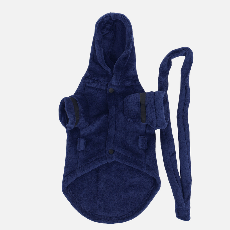 Navy blue pet coat with a hood and strap on a light gray background