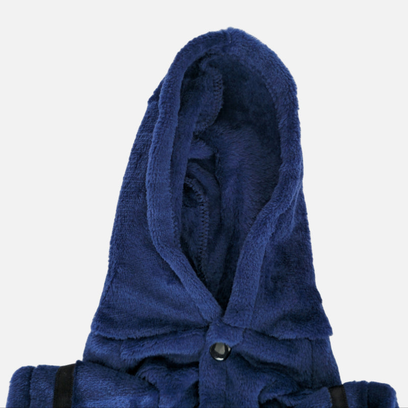 Blue hooded robe on a light gray background