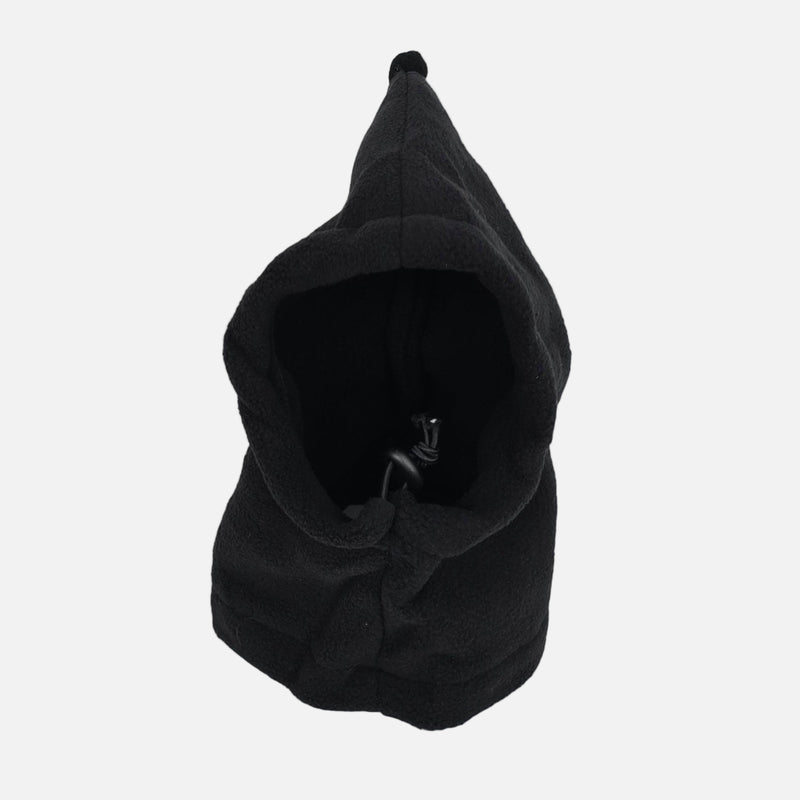 Black hooded garment on a white background