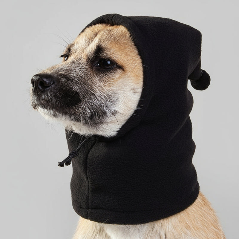 Dog wearing a black hooded coat on a gray background