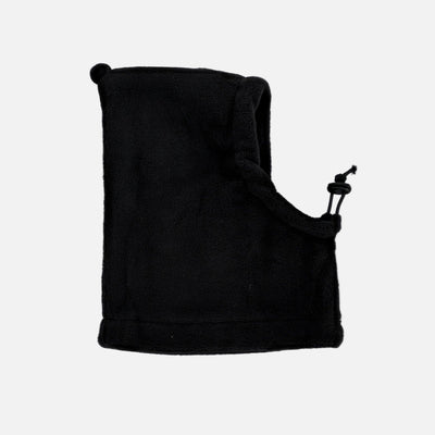 Black hooded garment with a bottle pocket on a white background
