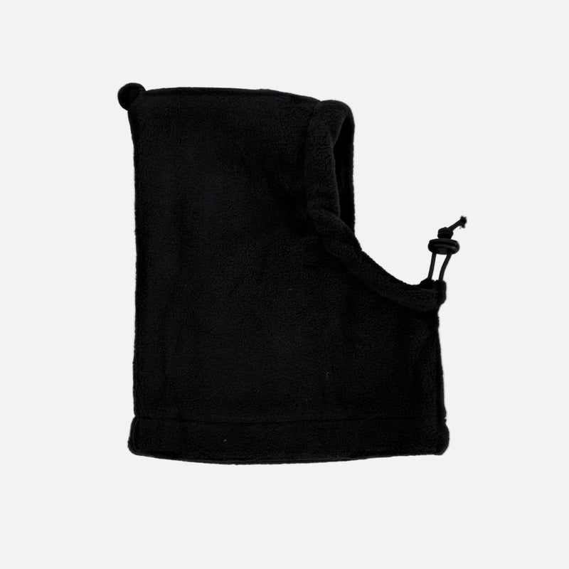Black hooded garment with a bottle pocket on a white background