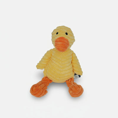 Yellow and orange dog toy shaped like a duck on a white background