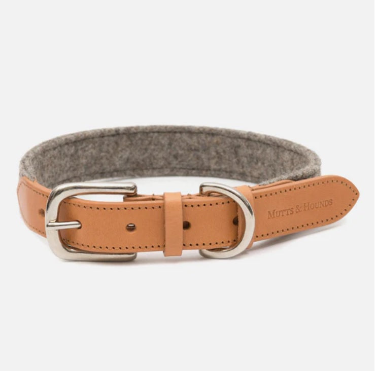 Camello Leather & Grey Tweed Dog Collar - Mutts & Hounds