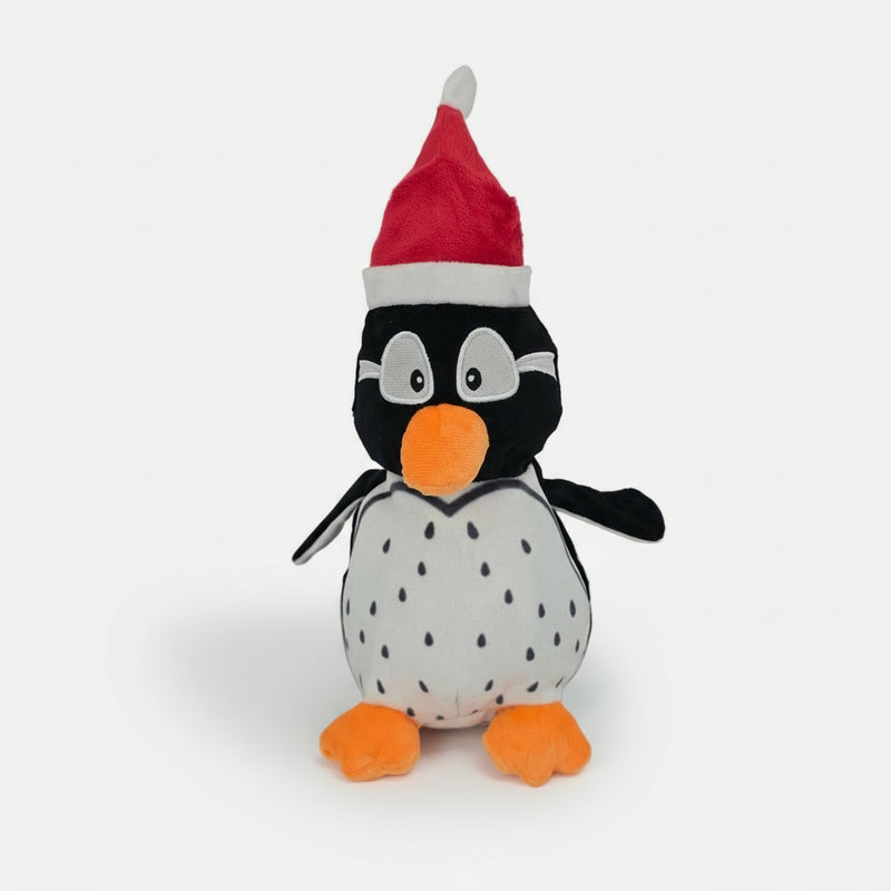 Christmas penguin plush dog toy with orange feet and a Santa hat, featuring a built-in squeaker for indoor holiday play.