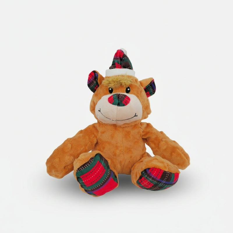 Soft Christmas teddy bear dog toy with tartan details and a built-in squeaker.