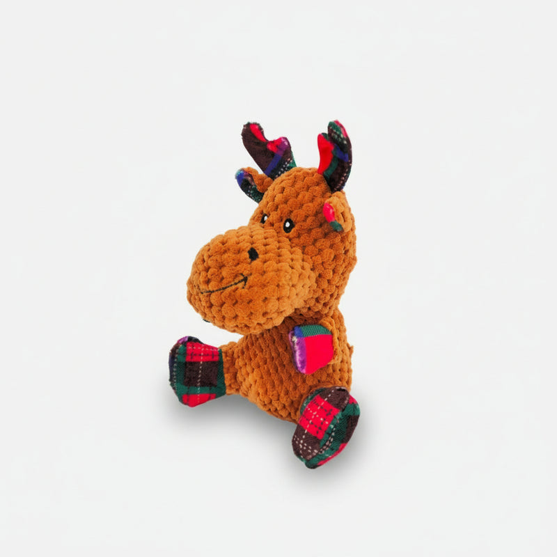 Soft holiday reindeer dog toy with textured plush fabric and tartan festive details.