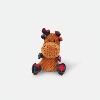 Soft holiday reindeer dog toy with textured plush fabric and tartan festive details.