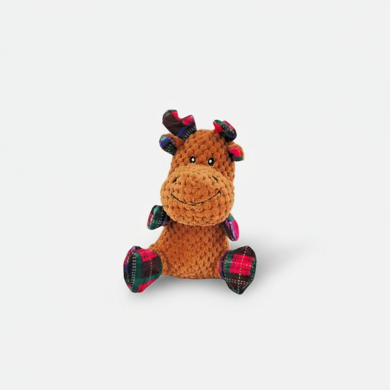 Soft holiday reindeer dog toy with textured plush fabric and tartan festive details.