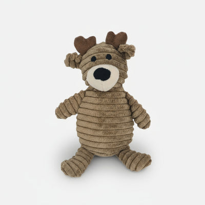 Ribbed plush bear dog toy with soft texture and durable stitching, designed for gentle chewing and cuddling.