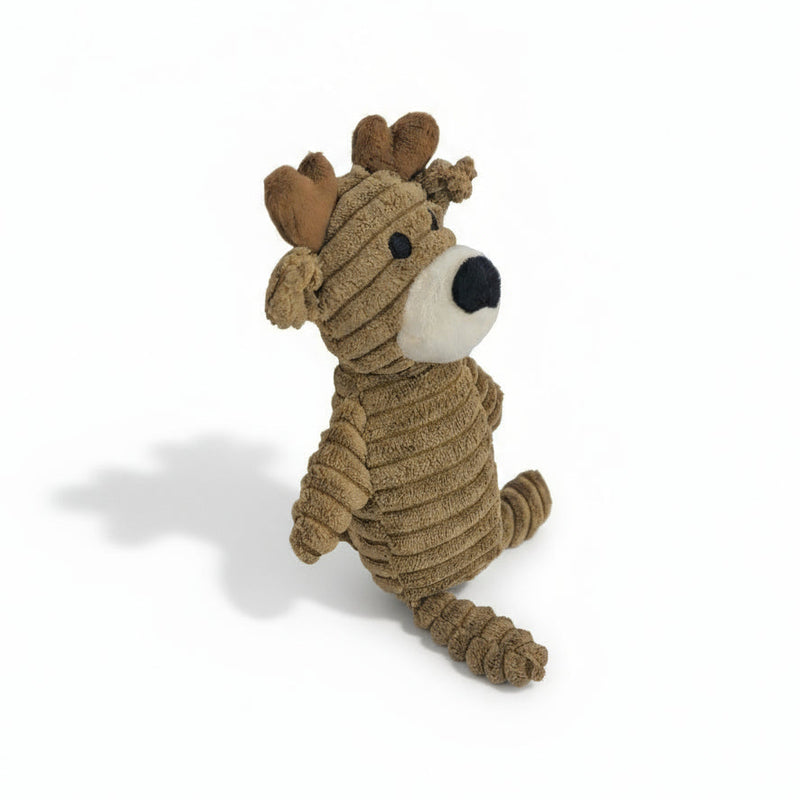 Ribbed plush bear dog toy with soft texture and durable stitching, designed for gentle chewing and cuddling.