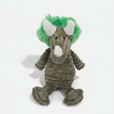 Corduroy dinosaur dog toy with built-in squeaker, soft and durable design for safe and engaging play.