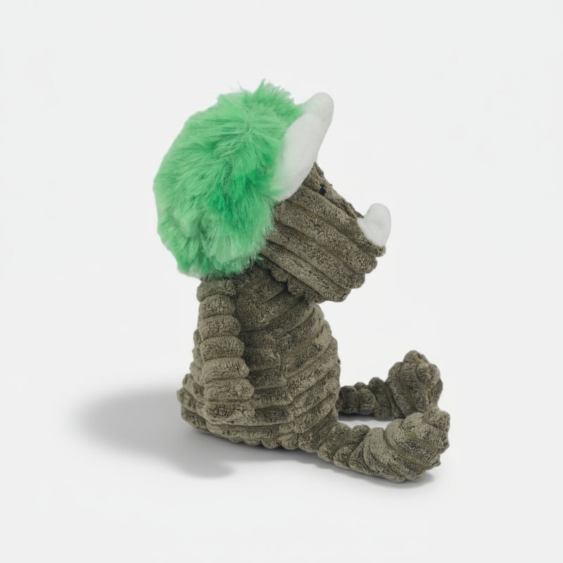 Corduroy dinosaur dog toy with built-in squeaker, soft and durable design for safe and engaging play.