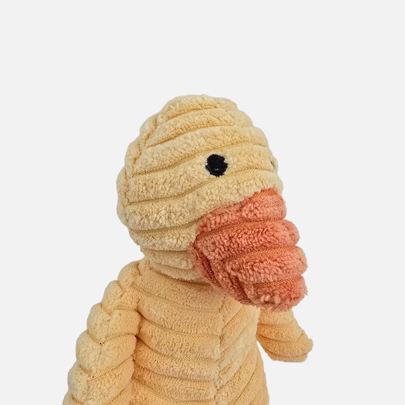 Textured yellow plush duck dog toy with orange details and squeaker, soft and lightweight for everyday play.